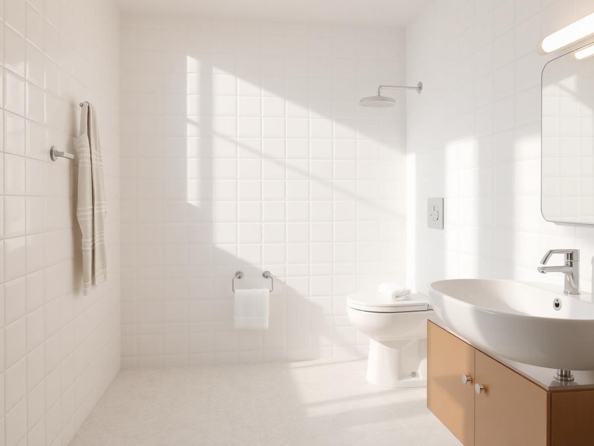 Sparkling white tiled bathroom with folded towels
