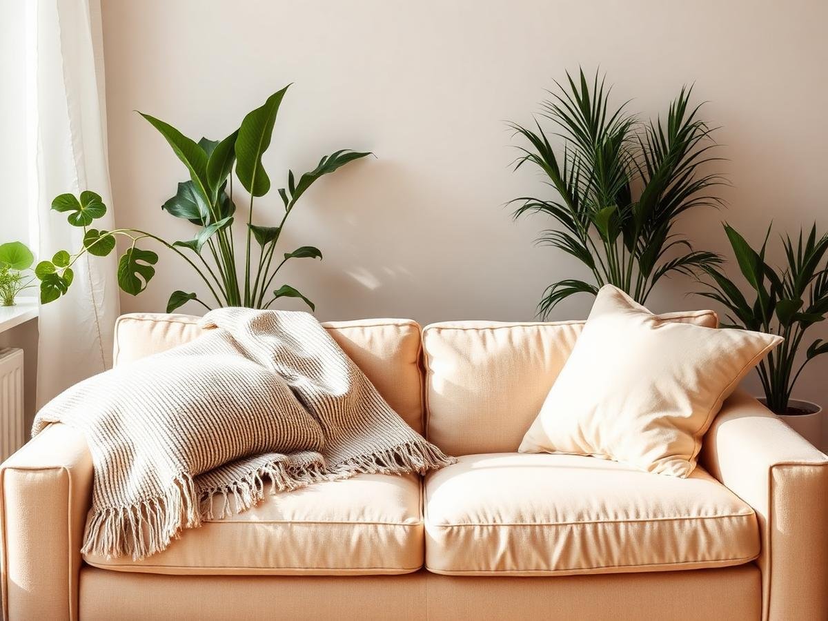 A tidy, welcoming living space with plants and soft neutral furniture